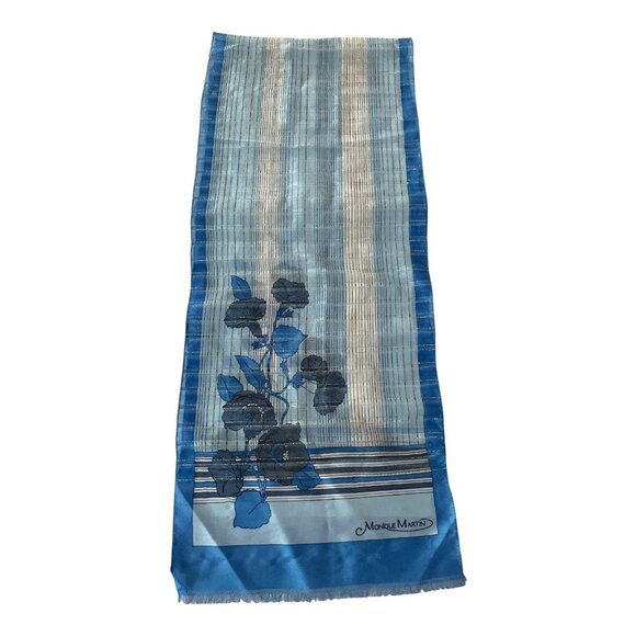 Vintage Monique Martin Blue Floral Striped Scarf – 52 x 11 – Sheer Lightweight W - Picture 2 of 3